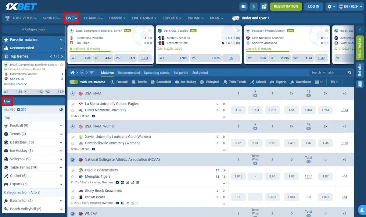 Live Beting 1xBet Screenshot